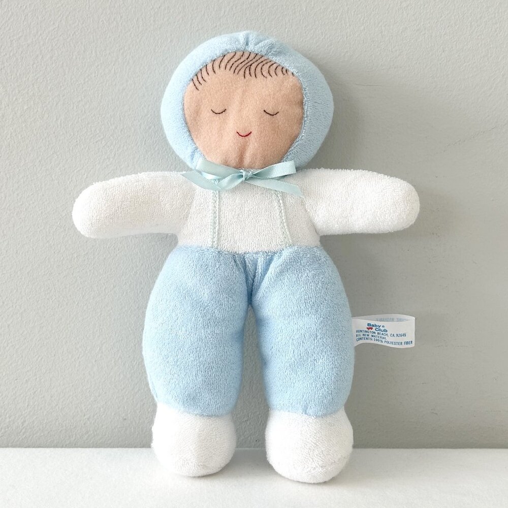 Baby Club Sleeping Baby Doll Plush Terry Cloth 9” Blue Stuffed Toy Vintage